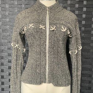 Cousin Johnny Rib knit Sweater, Zipper Closure, Criss Cross accent, gray, size S